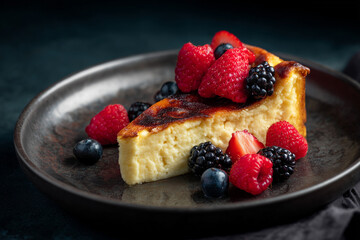 Piece of San Sebastian Basque Cheesecake with berries