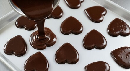 Fototapeta premium Pouring melted chocolate over heart-shaped cookies on a baking sheet, creating a sweet treat.