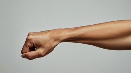 Tense arm with clenched fist, showing struggle, neutral background for health issue concept, Fist with arm cramp