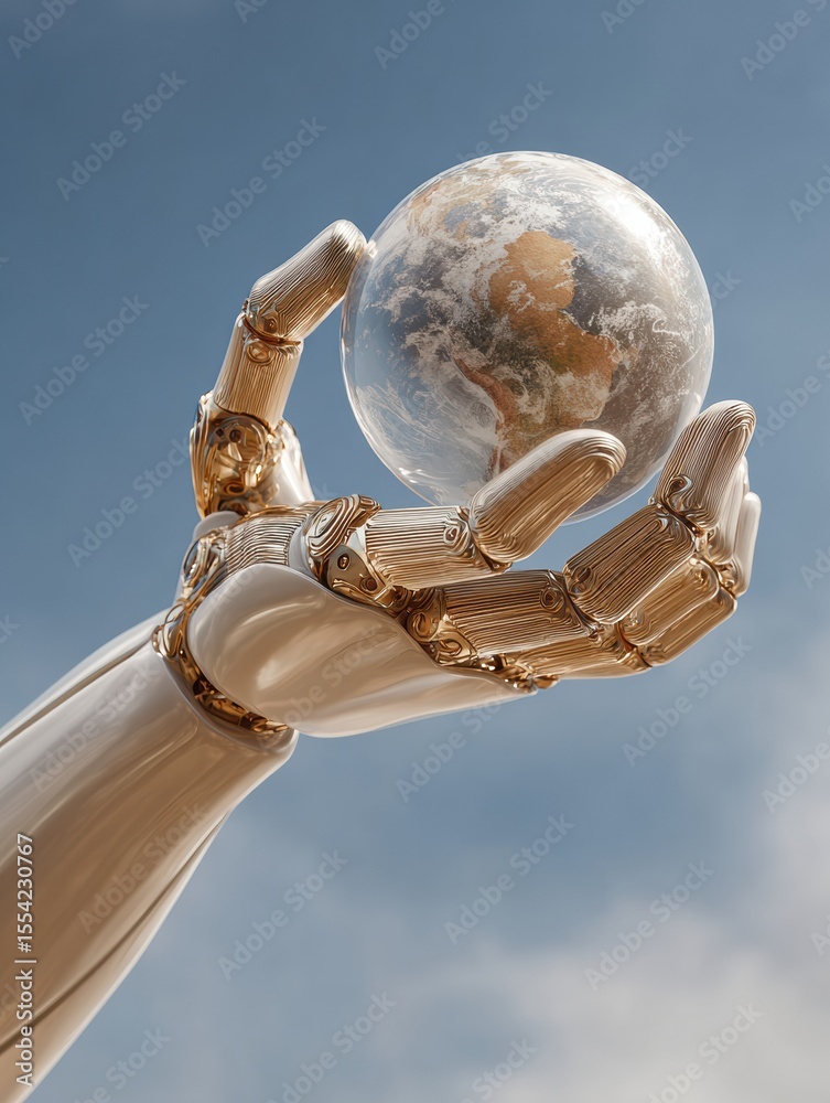 Poster futuristic ai robot hand holding glowing earth globe against sky, symbolizing global digital transfo