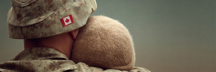 Emotional Military Homecoming Canadian Soldier Embracing Family Member with Flag Patch - Loyalty, Sacrifice, and Veteran Support for National Campaigns