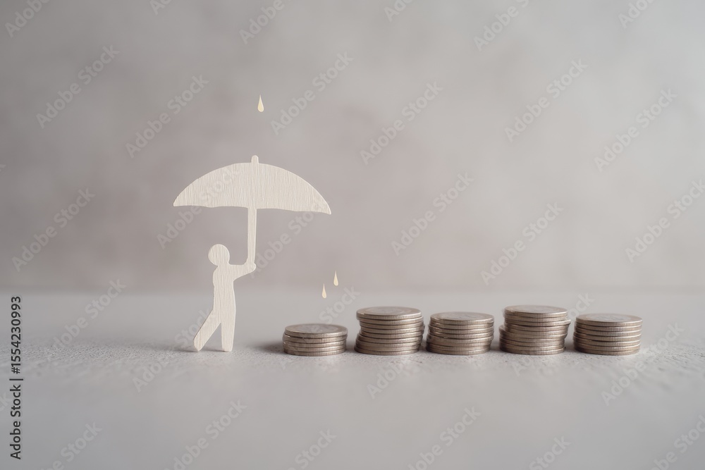 Poster minimalist financial security concept with paper stick figure umbrella shielding stacked coins from 
