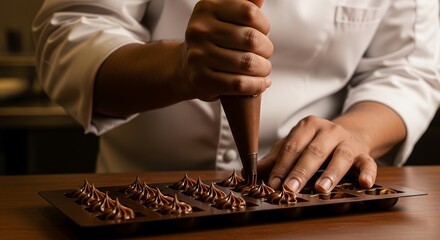A chef carefully piping chocolate into a mold, creating sweet treats.