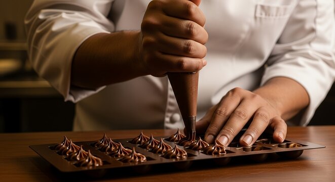 A chef carefully piping chocolate into a mold, creating sweet treats. - Powered by Adobe