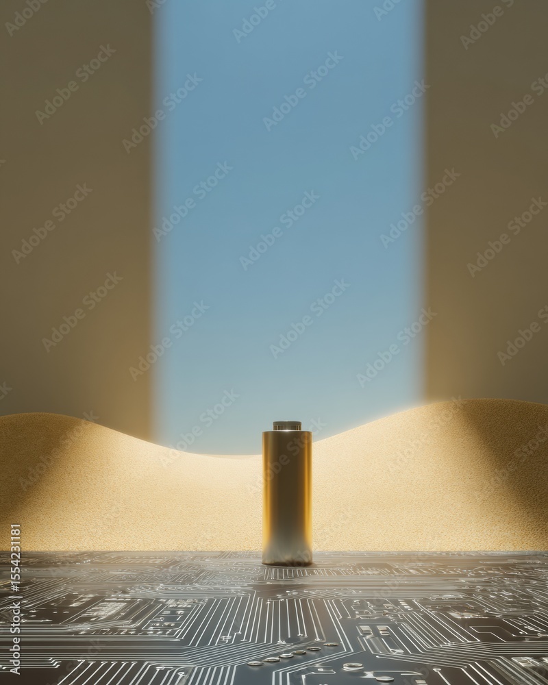 Poster Futuristic lithium ion battery on digital circuit board with glowing interface lines symbolizing next-gen energy and sustainable power innovation