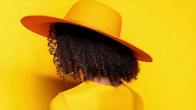 A person with curly hair wearing a bright orange hat and a matching outfit against a yellow background.