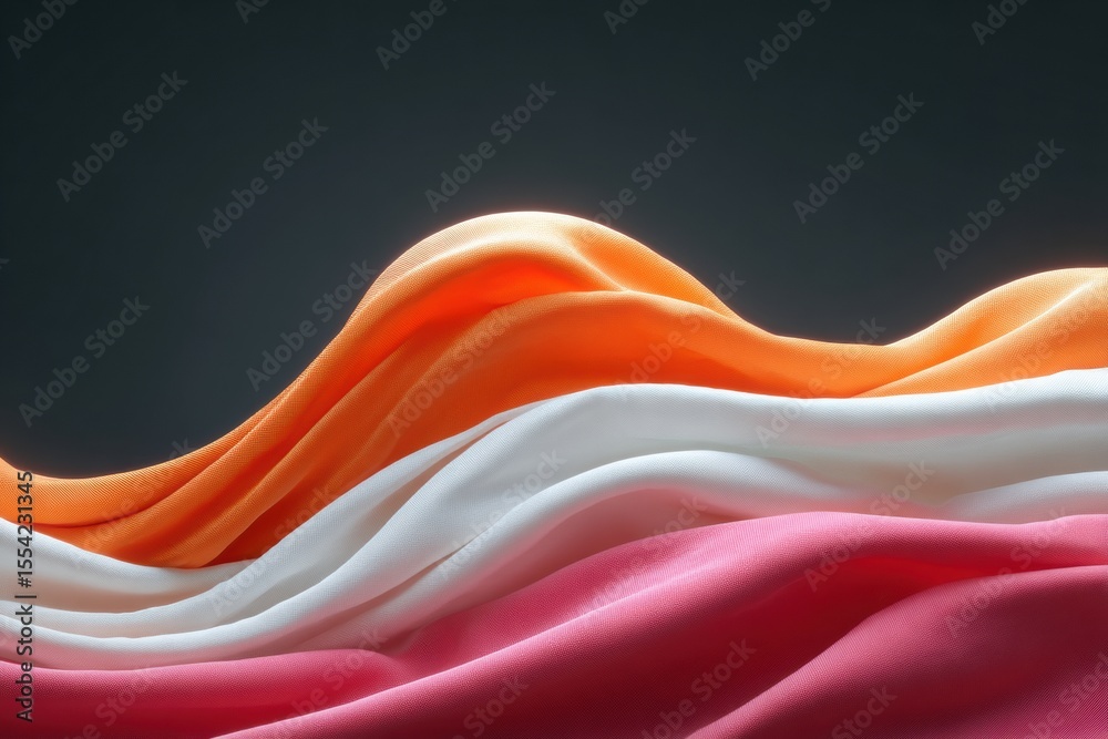 Poster Abstract flowing fabric waves in warm colors on dark background, modern textured textile art for creative branding and visual design projects