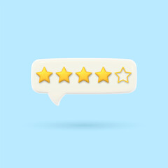 3D speech bubble with four gold rating stars. Visualization of good service quality assessment. Volumetric chat messages Render of voting, rating or survey on the product. Customer feedback