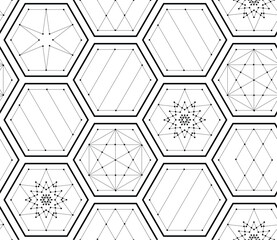 Intricate geometric seamless pattern featuring interconnected hexagons and star shapes, forming complex network of dots and lines with symmetrical, mesmerizing visual structure