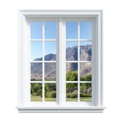 Scenic Mountain View Through White Window Frame with Clear Blue Sky and Lush Greenery