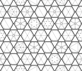 Intricate geometric seamless pattern featuring interconnected hexagons and star shapes, forming complex network of dots and lines with symmetrical, mesmerizing visual structure