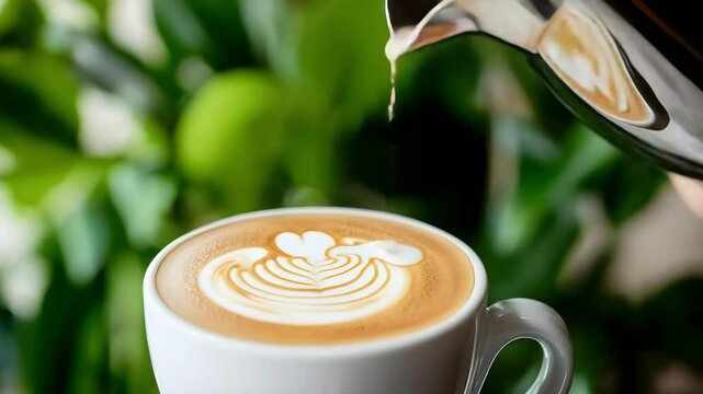 A cup of coffee with latte art being poured into it, surrounded by greenery.