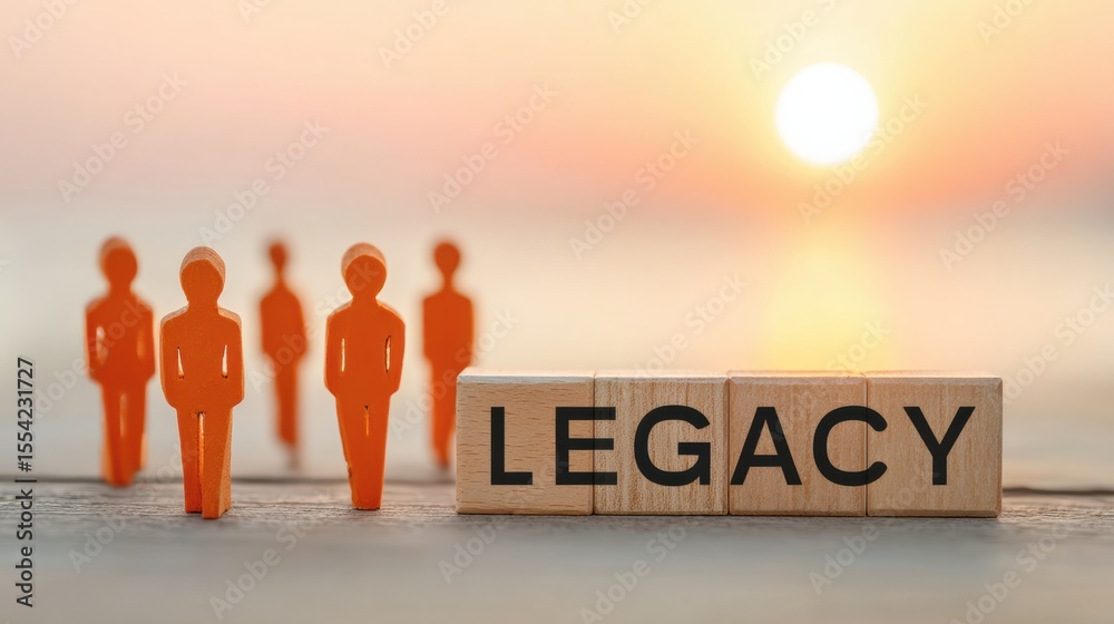 Poster Heritage Legacy Concept with Wooden Mannequin and Blocks on Rustic Surface at Sunrise - Generational Impact and Continuity Symbol for Branding