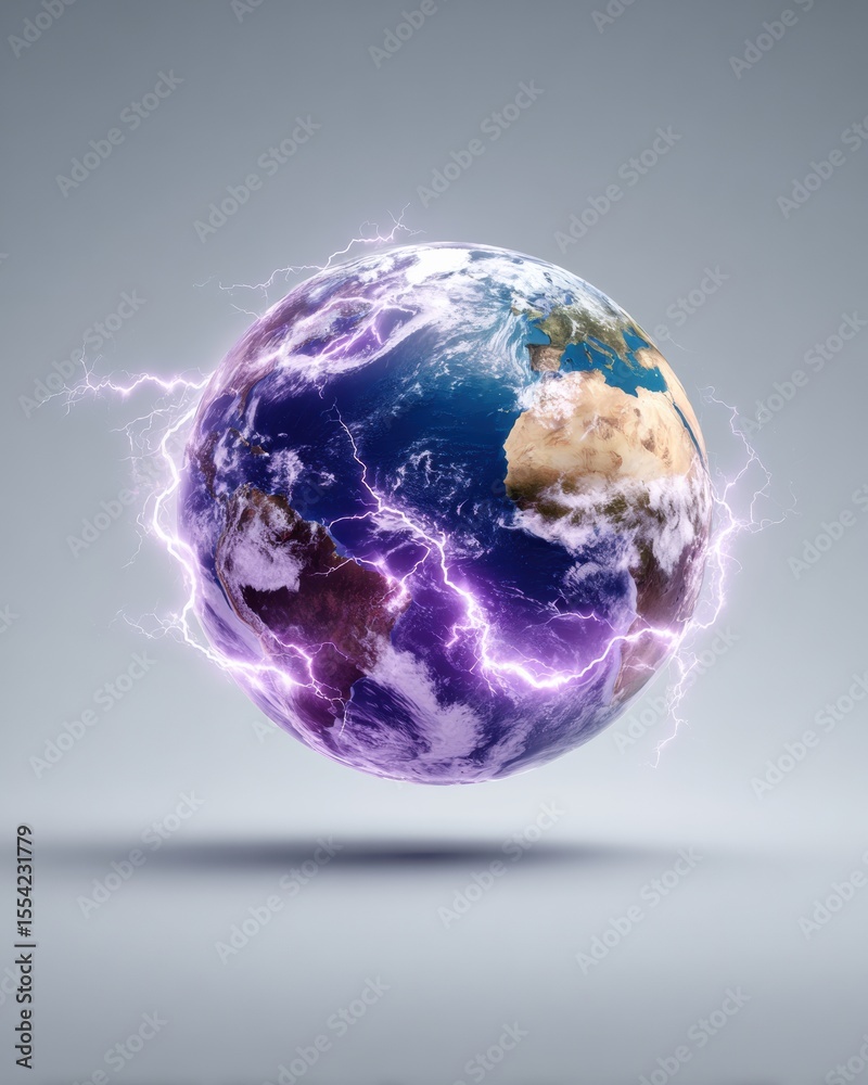 Poster earth globe with electric lightning effects on transparent background for futuristic tech and global