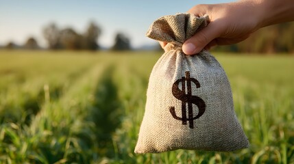 A hand holding a money bag with a dollar sign in a farm field, symbolizing farm finance and investment	