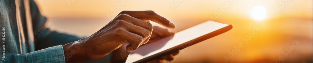 Poster Modern Technology Care Hands Installing Screen Protector on Tablet with Precision for Device Longevity and Preventive Maintenance in Digital Lifestyle