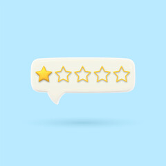 3D speech bubble with one gold rating star. Visualizing poor service quality assessment. Render of voting, rating or survey on the product. Customer feedback. Volumetric chat messages