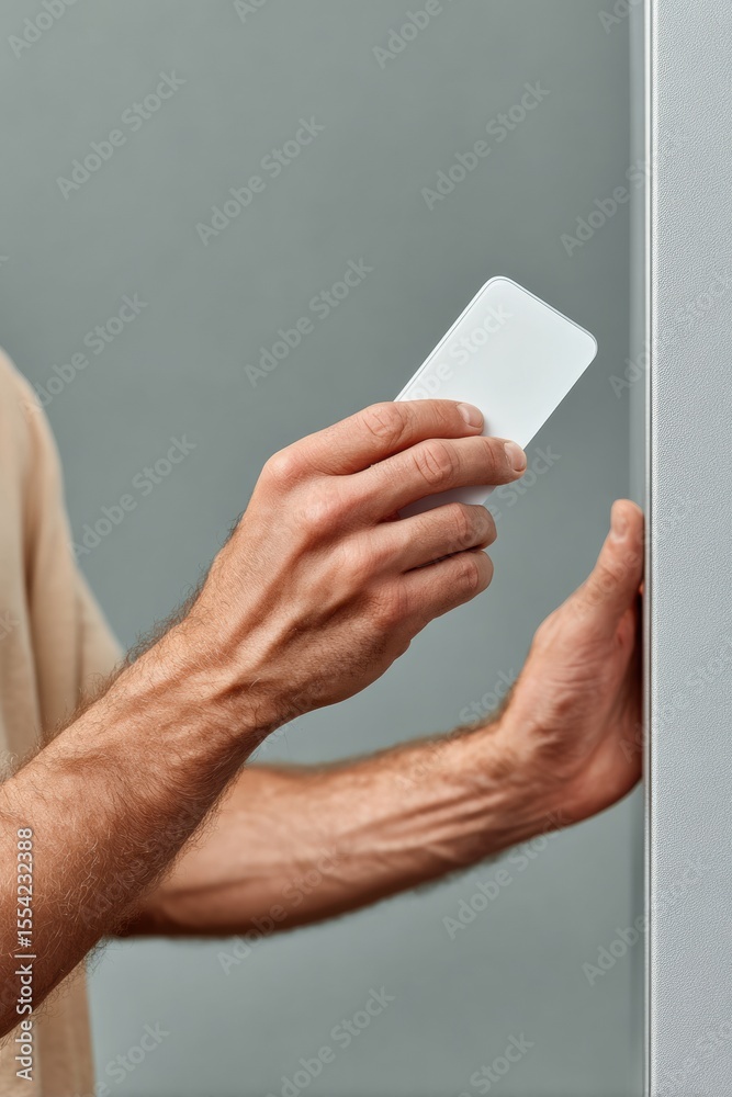 Aufkleber Modern contactless card access with male hand using keycard on gray smart reader for secure automated entry technology in business and facilities