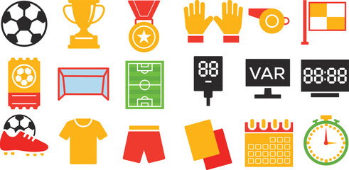 Flat Color Soccer Icons Set – Football Equipment, Game Elements & Match Symbols Collection