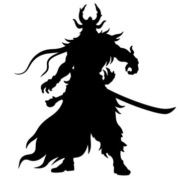 Ravana silhouette striking a battle stance on white background, mythological symbolism