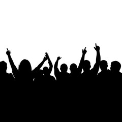 Diverse crowd celebrating with raised hands, joyful expressions