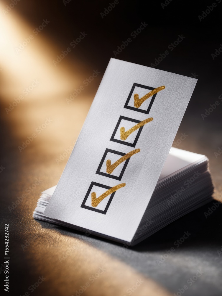 Poster Minimalist checklist with golden check marks on textured paper stack, symbolizing business success, reliability, and efficient workflow for modern professional use