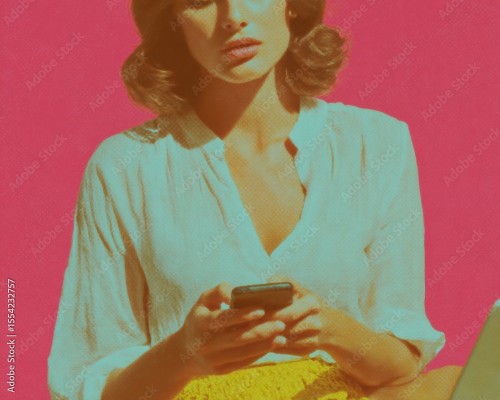 Poster retro-style woman using chatbot app on smartphone with laptop nearby for ai-powered digital communic