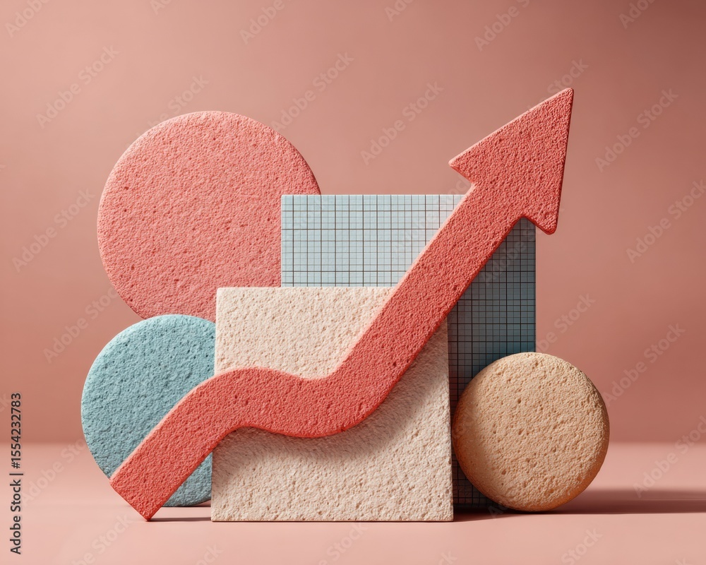 Poster Modern Textured Upward Arrow with Geometric Shapes on Digital Grid Background Symbolizing Financial Growth and Positive Business Momentum