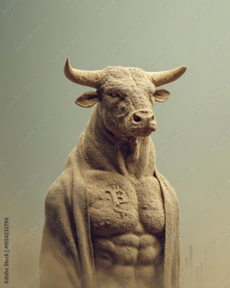 Poster Powerful Anthropomorphic Bull Statue with Bitcoin Symbol in Minimalist Setting Representing Digital Asset Growth and Bullish Cryptocurrency Market Trends