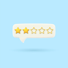 3D speech bubble with two gold rating stars. Visualizing poor service quality assessment. Customer feedback. Volumetric chat messages. Render of voting, rating or survey on the product