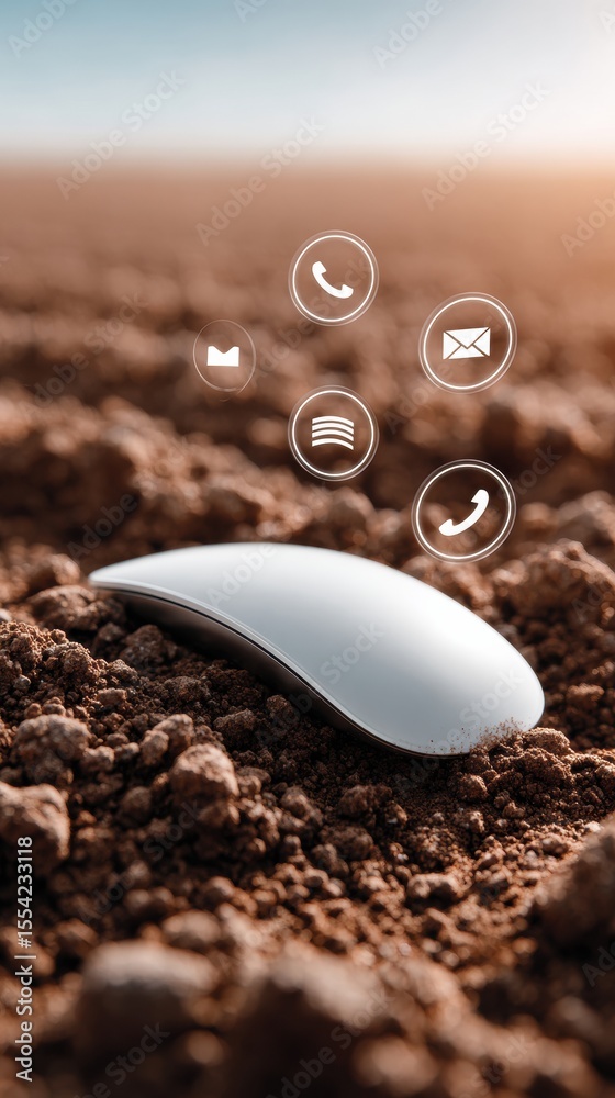 Poster Modern Customer Service Technology with Wireless Mouse and Digital Support Icons on Natural Soil Surface Sustainable Tech and Multichannel Connectivity Concept
