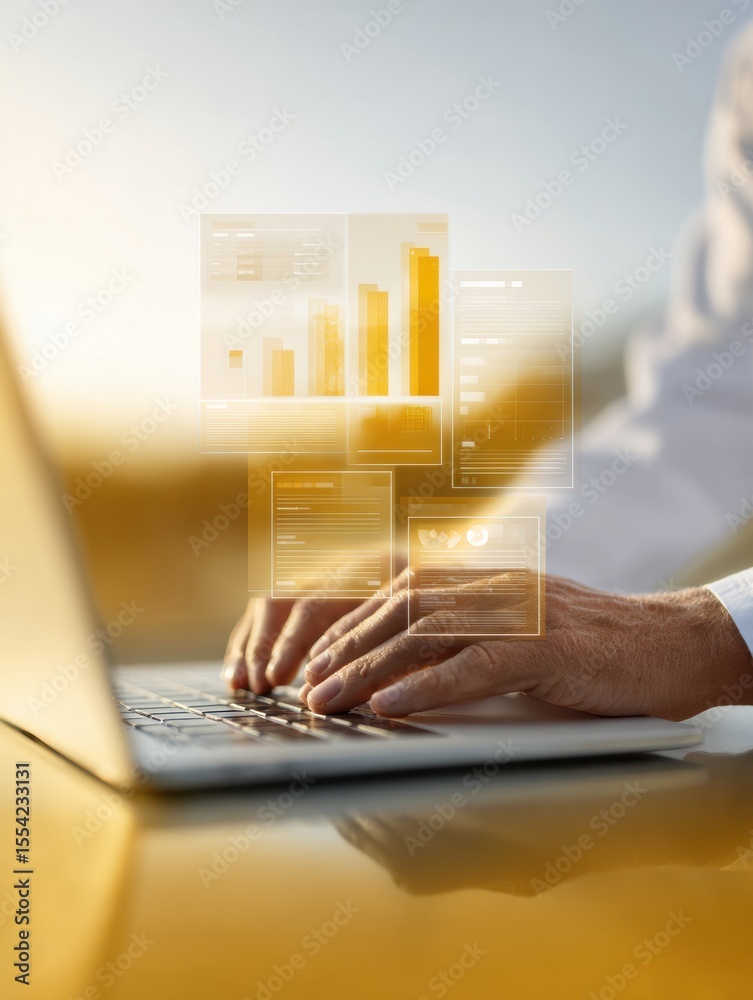 Aufkleber healthcare professional using digital medical records on laptop with holographic data charts for eff