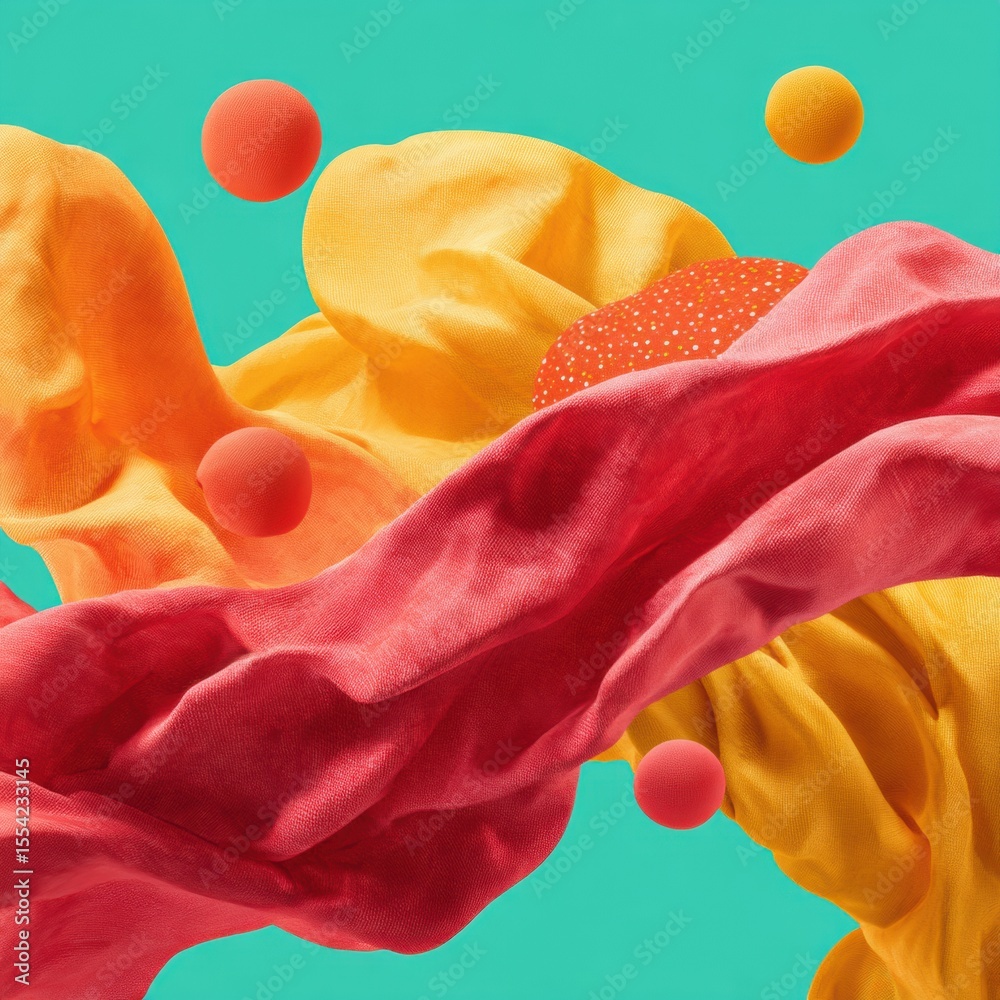 Aufkleber Abstract atmospheric data visualization with flowing fabric textures and vibrant spheres symbolizing network connectivity and digital transformation trends