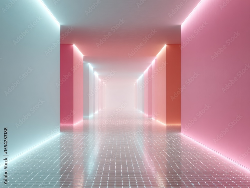 Poster Futuristic digital corridor with glowing data streams and matrix circuit grids illustrating technological evolution and digital security for tech advertising