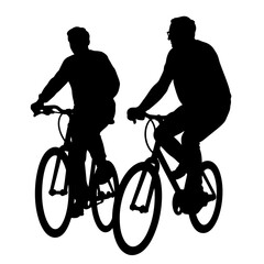 Obraz premium Elderly couple biking together in silhouette, active aging