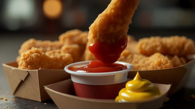 Crispy fried chicken strips close up with dipping sauces and cardboard container