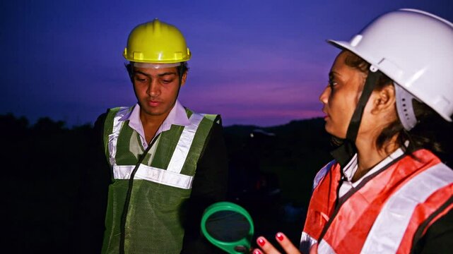 Two Construction Workers Discussing Work plan nighttime
