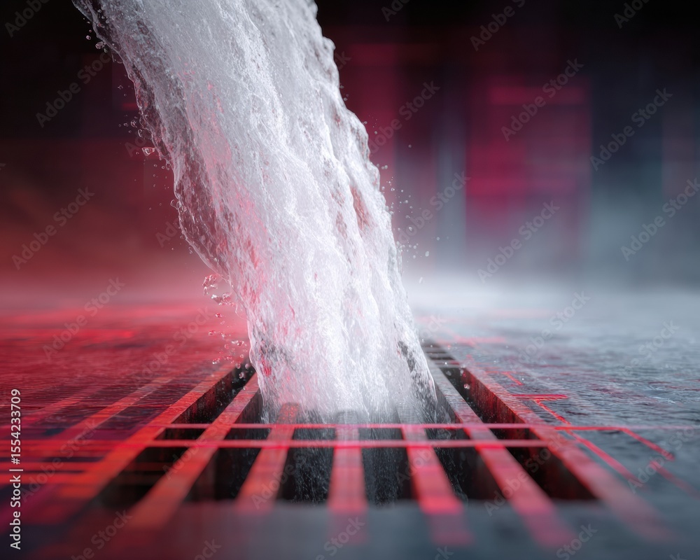 Poster urban floodwater draining into storm grate with cascading flow, highlighting smart infrastructure an