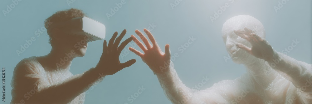 Poster Immersive Virtual Reality Experience with VR Avatar and Haptic Gloves Interacting with Digital Human Display in Futuristic Technology Setting