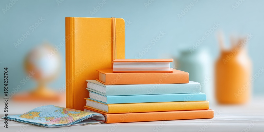 Poster modern workspace with colorful books and travel globe in soft pastel tones for creative planning and