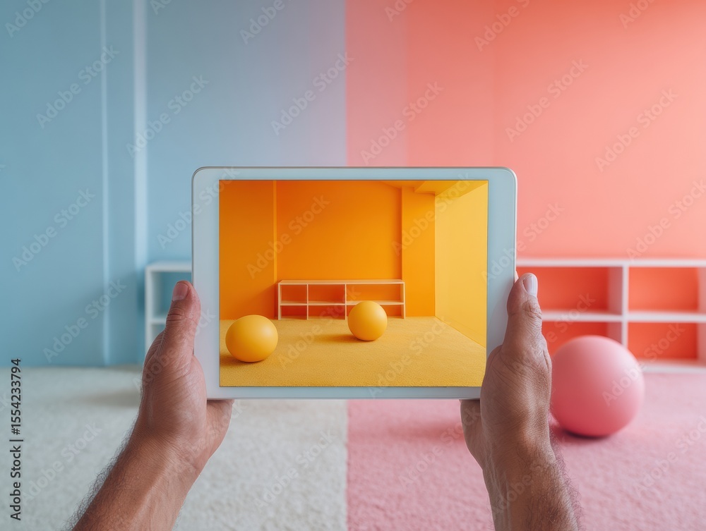 Poster modern virtual tour technology displayed on digital tablet with 360 navigation in bright living room