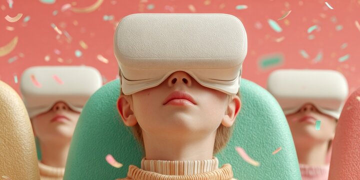 Futuristic VR cinema experience with children wearing virtual reality headsets in modern theater, immersive youth entertainment and educational technology concept