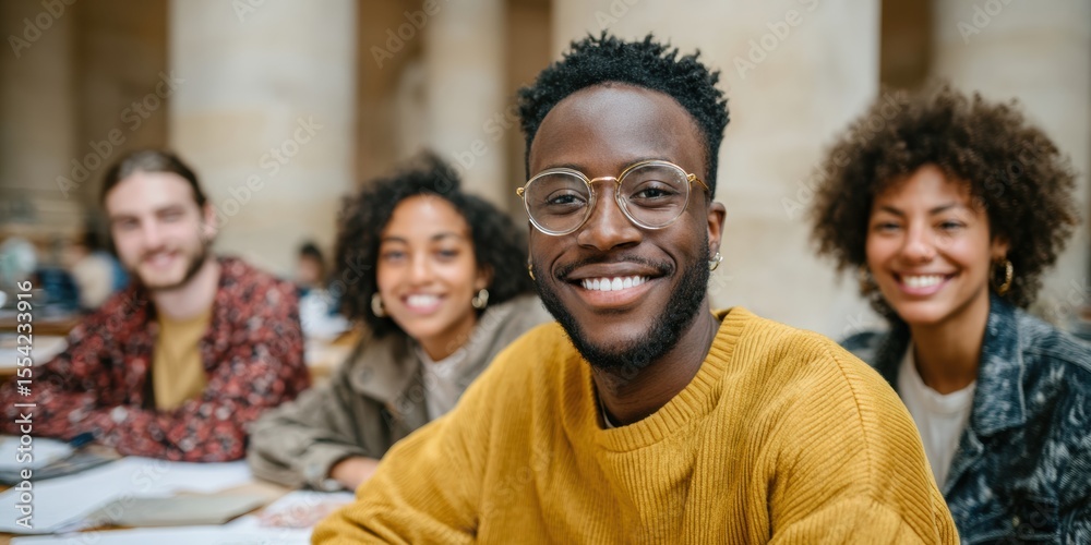 Poster Diverse group of university students collaborating in a modern academic setting, engaging in scholarship research and IT course projects with teamwork and focus