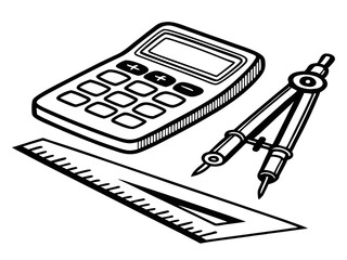 Geometric Tools Still Life Calculator Ruler and Compass in Black and White Silhouette