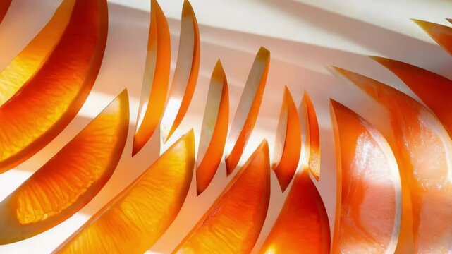 Slices of bright orange fruit, likely cantaloupe or similar, arranged neatly on a white surface.