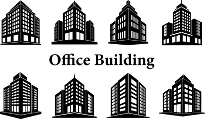 Collection of modern office building silhouettes in black and white isolated on transparent background