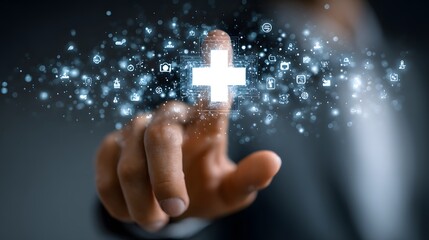 Hand interacting with a glowing plus sign surrounded by digital icons