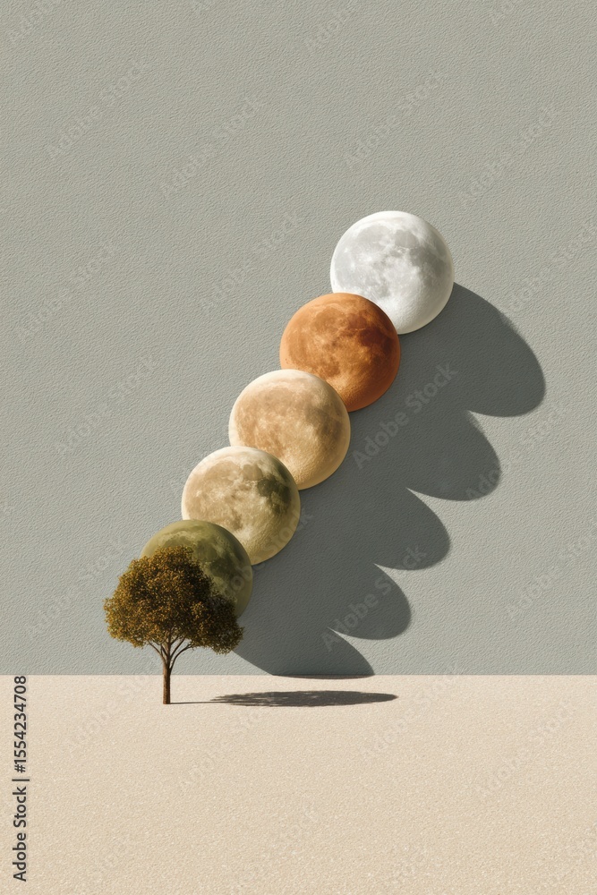 Aufkleber Minimalist Lunar Phases with Tree Silhouette and Abstract Clock Layout on Neutral Background for Wellness and Esoteric Branding