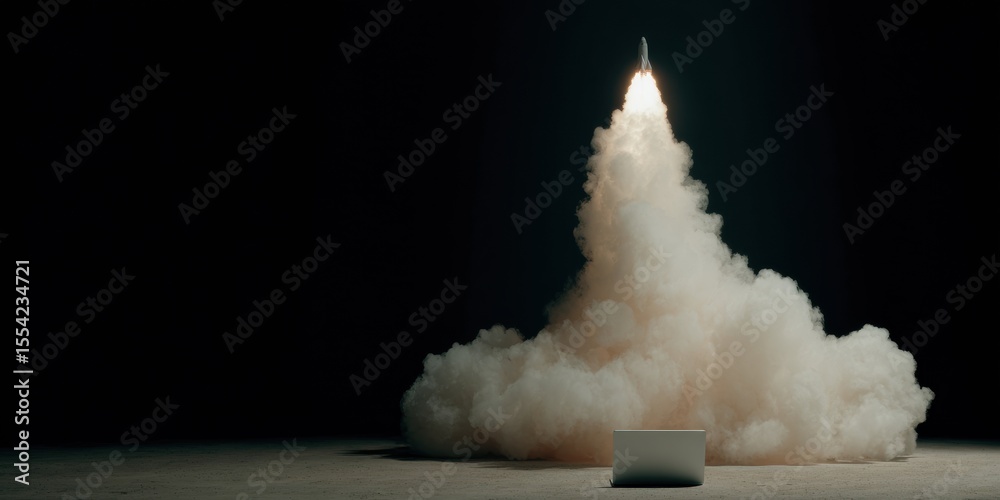 Aufkleber modern tech startup concept rocket launching from laptop with dramatic smoke and cloud effects for i
