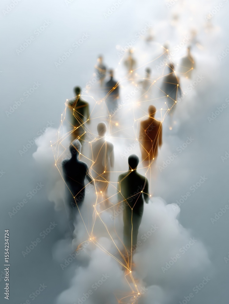 Aufkleber Abstract Network of Connected Human Figures in Fog with Dynamic Light Trails Symbolizing Digital Community and Technological Innovation for Business Solutions